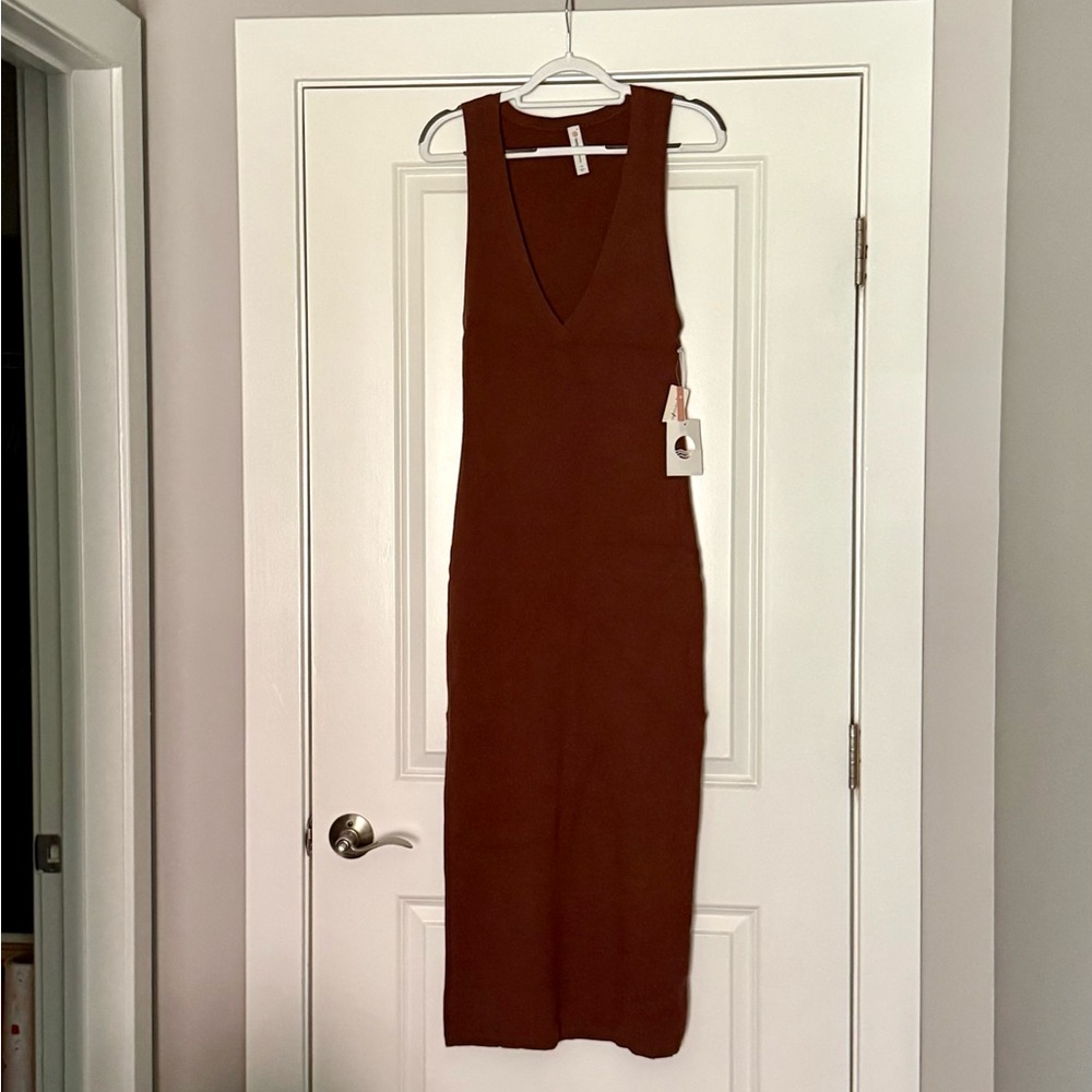 NWT Anthropologie Daily Practice Slim V-Neck Dress Brown Maxi Ribbed XS